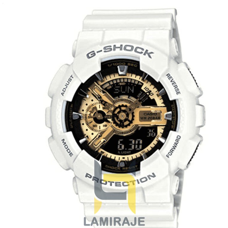 خرید ساعت مچی مردانه دیجیتال کاسیو جی شاک G-Shock GA-110RQ سفید صفحه طلایی، ساعت شیک و مقاوم.