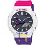 خرید ساعت مچی مردانه دیجیتال کاسیو Casio مدل GA-2100THB-7ADR سفید، صورتی-بنفش، با عقربه‌های شب‌تاب و صفحه مشکی.