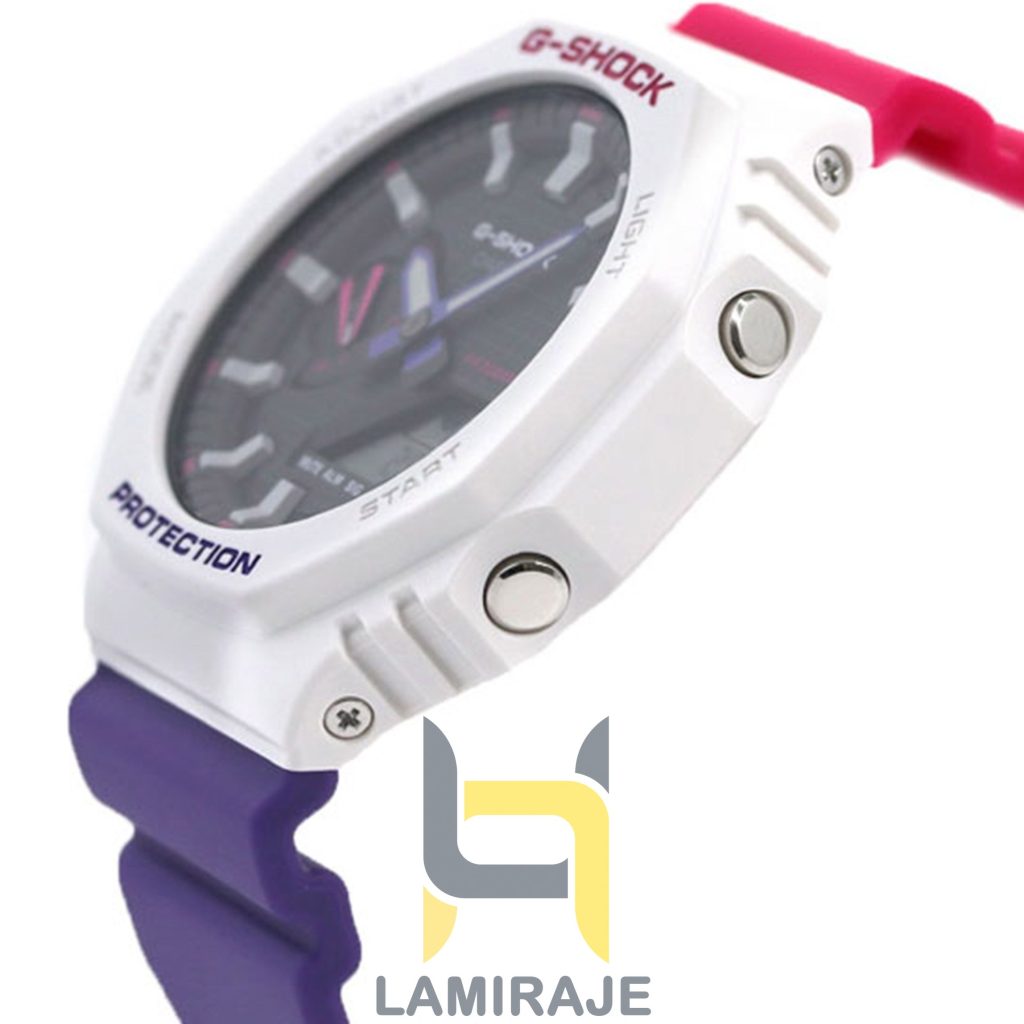 خرید ساعت مچی مردانه دیجیتال کاسیو Casio مدل GA-2100THB-7ADR سفید، صورتی-بنفش، با عقربه‌های شب‌تاب و صفحه مشکی.
